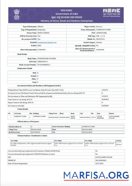 Realistic India Udyam registration certificate Word and PDF template, version 6
